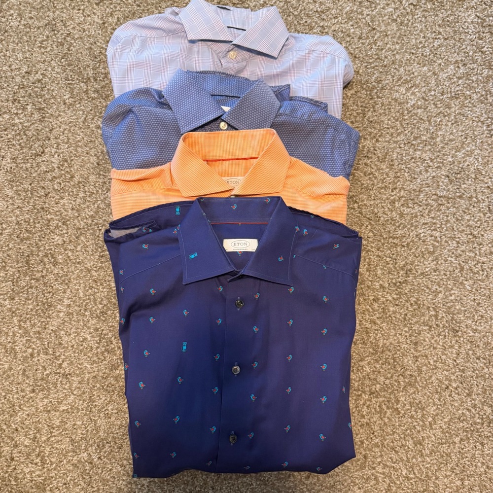 Lot of 4 Eton Men's Dress Shirts Bird Print Check Plaid Blue Orange 15.5 39